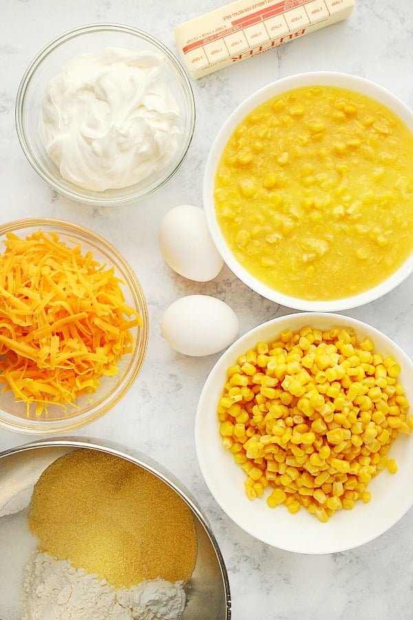 Corn Casserole Ingredients on a marble board.