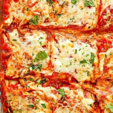 Eggplant Lasagna in a glass baking dish.