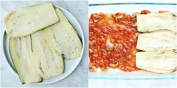 Eggplant slices layers in baking dish.