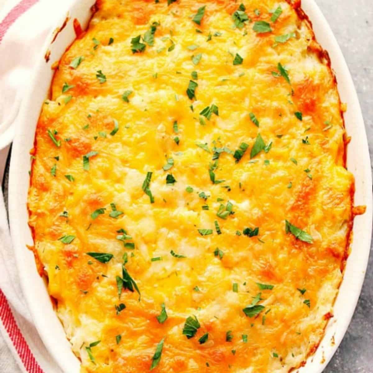 Hashbrown casserole in baking dish.