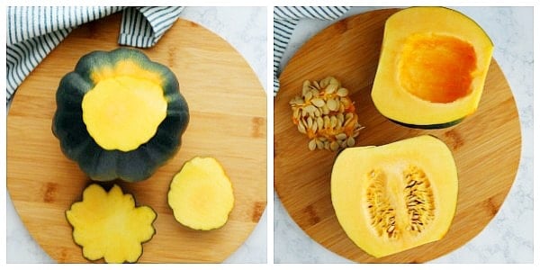 Cut acorn squash on cutting board.