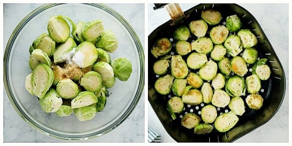 Step 1 and 2 collage for Air Fryer Brussels Sprouts recipe.