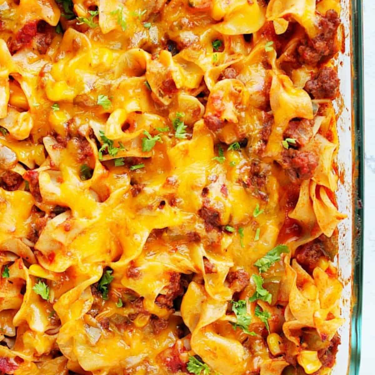 Beef noodle casserole in a baking dish.