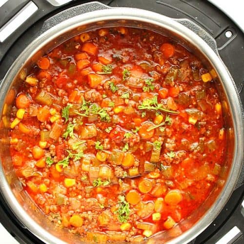 Instant Pot Hamburger Soup in the pressure cooker.