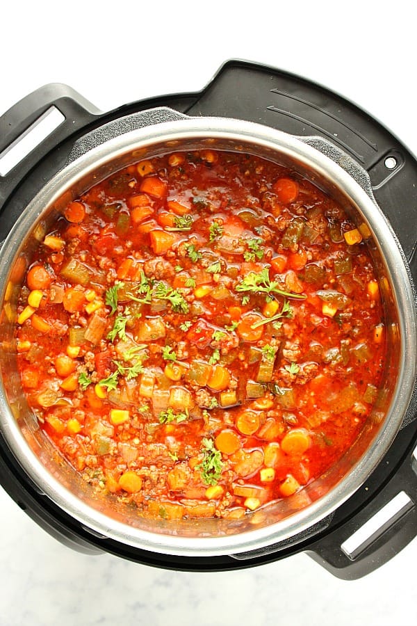 Instant Pot Hamburger Soup in the pressure cooker.