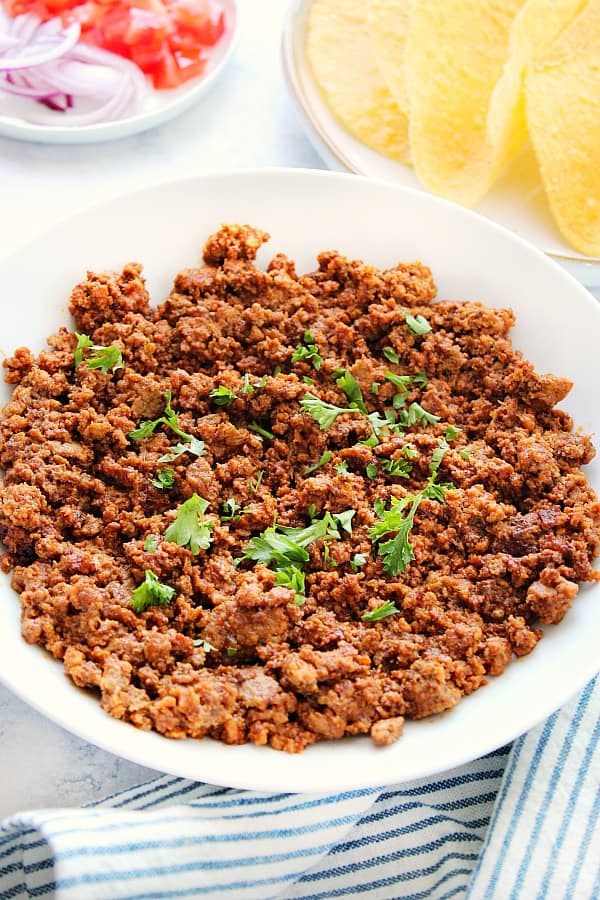 Instant Pot Taco Meat in a white bowl.