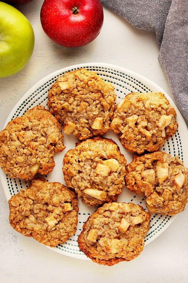 Apple Cinnamon Oatmeal Cookies on a white plate.