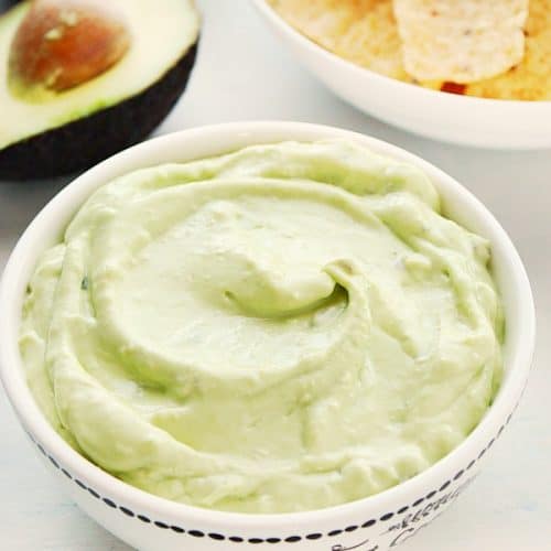 Avocado Dip in a white bowl.