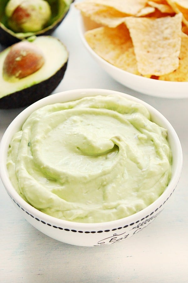 Avocado Dip in a white bowl.