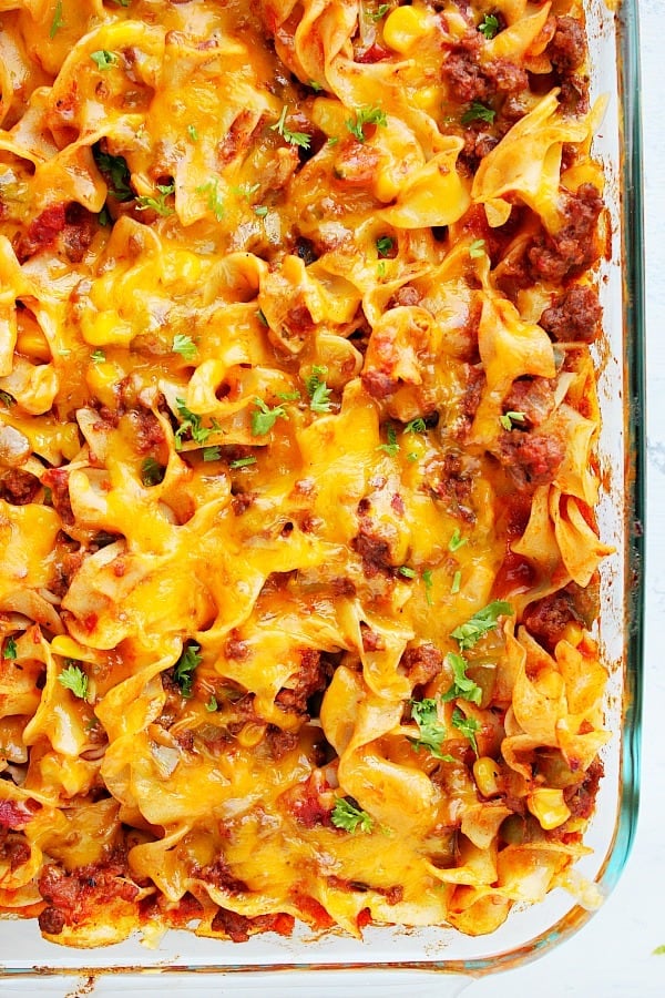 Beef Noodle Casserole in a glass casserole dish.