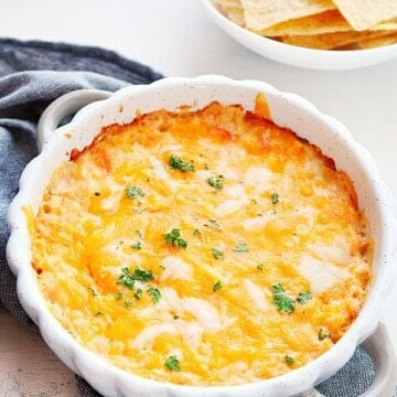 Hot Crab Dip in a round baking dish.