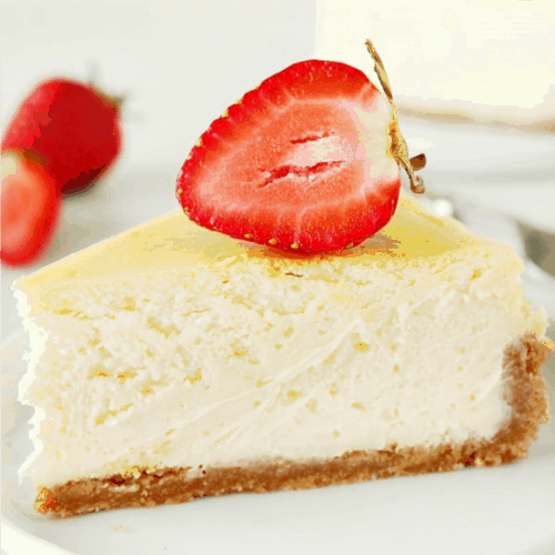Slice of cheesecake on a plate.