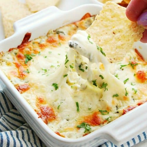 Spinach dip in a baking dish.