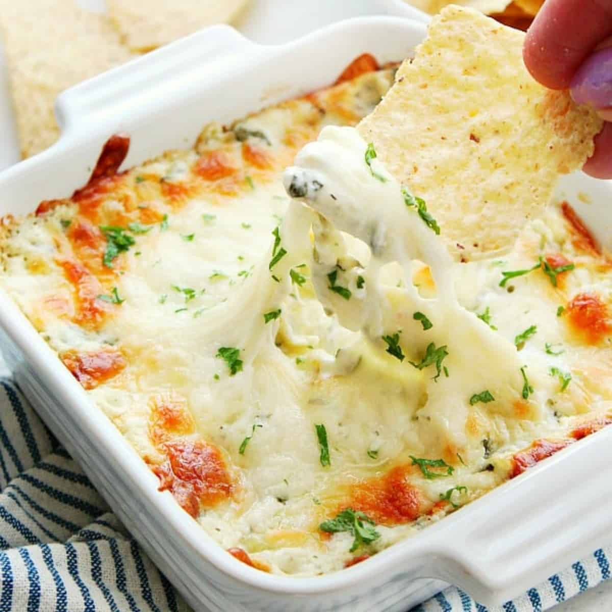 Spinach dip in a baking dish.