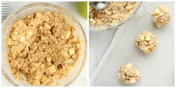 Step 4 of making apple oatmeal cookies: scoop and bake.