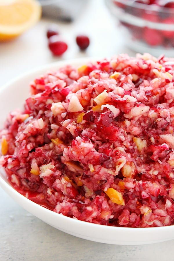 Close up shot of cranberry relish in a small bowl.