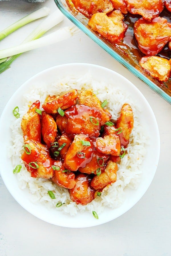 Firecracker chicken in white bowl.