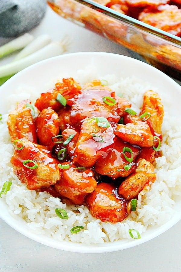 Firecracker Chicken on rice in white bowl.