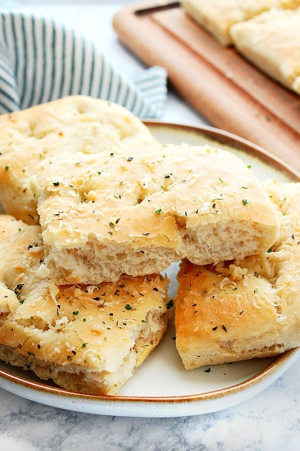 Slices of Focaccia bread on plate.