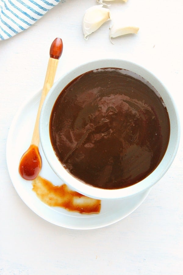 Overhead shot of Hoisin Sauce in a white bowl.