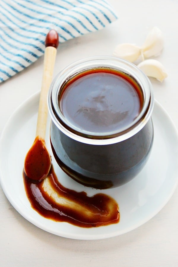 Homemade Hoisin Sauce in a glass jar.