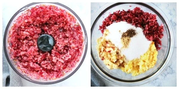 Making of cranberry relish in food processor.
