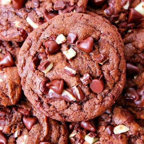 Chocolate cookies stacked.