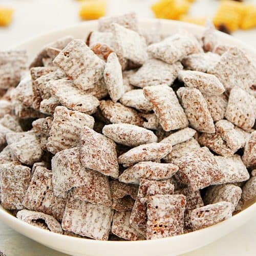 Muddy Buddies in a white bowl.