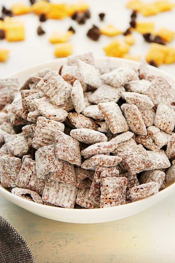 Muddy Buddies in a white bowl.