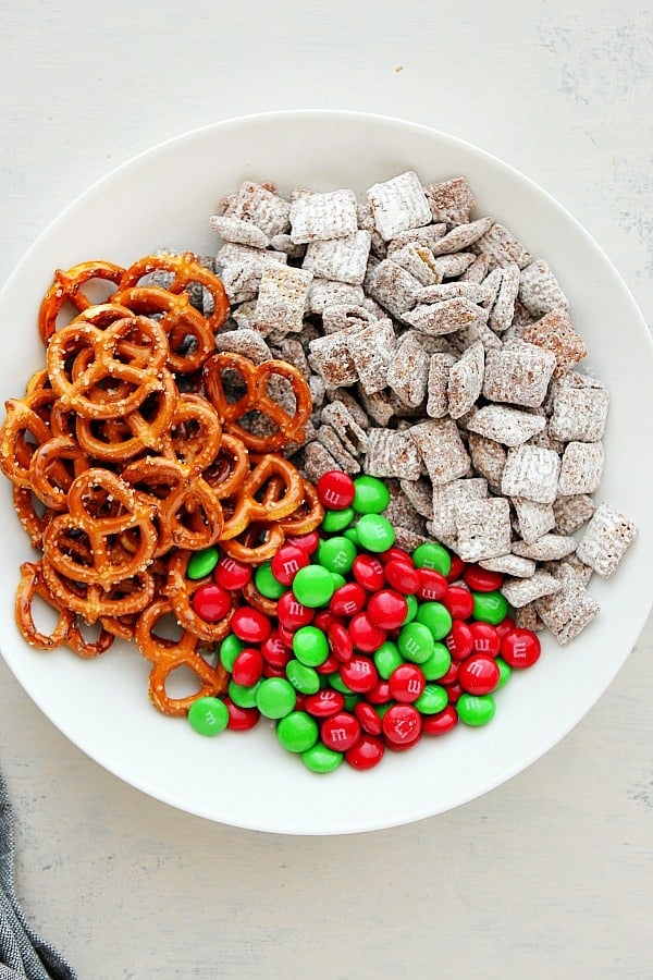 Ingredients for Reindeer Chow in a white bowl.