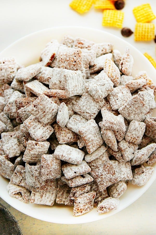 Muddy Buddies in a white bowl.