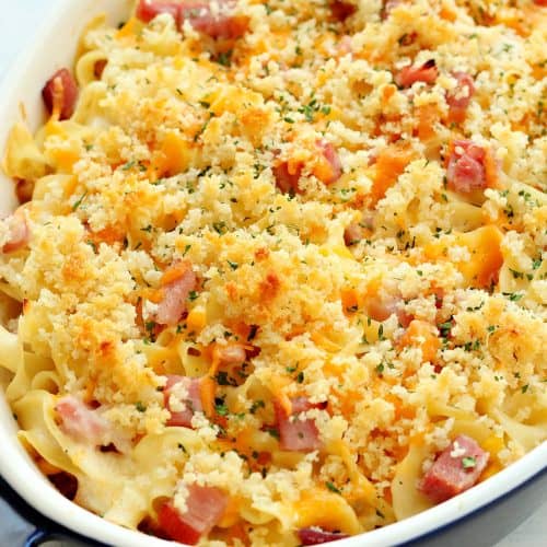 Ham Casserole in a baking dish.