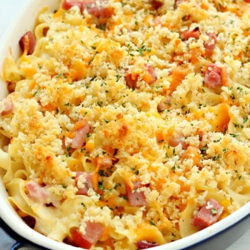 Leftover Ham Casserole in a baking dish.