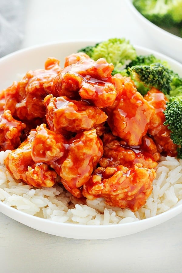 Korean Chicken on rice in a bowl.