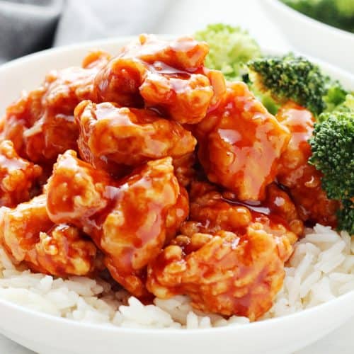 Korean chicken on rice in a bowl.