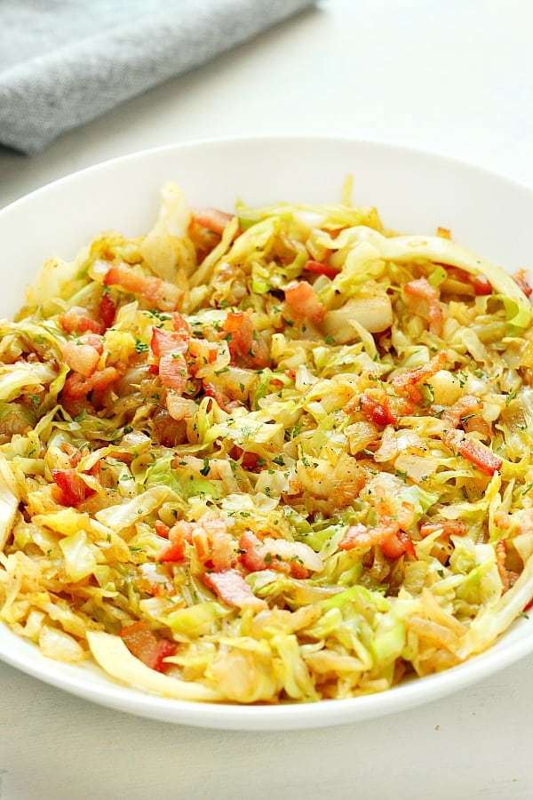 Fried Cabbage in a white bowl.