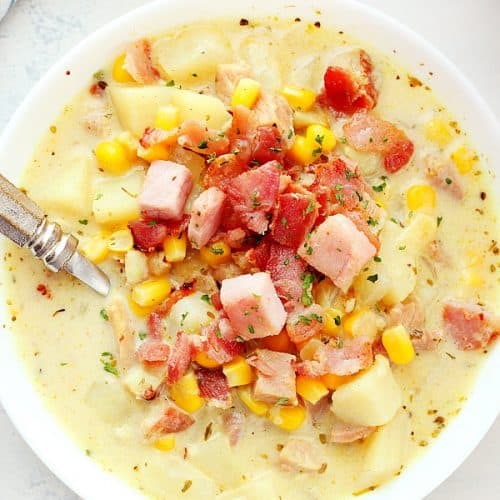 Potato Ham Chowder in a white bowl.