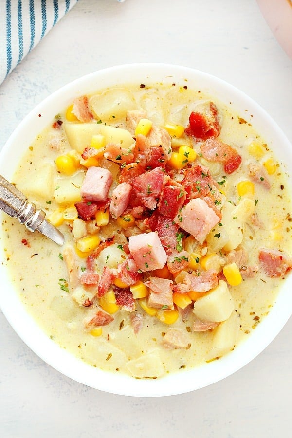 Potato Ham Chowder in a white bowl.