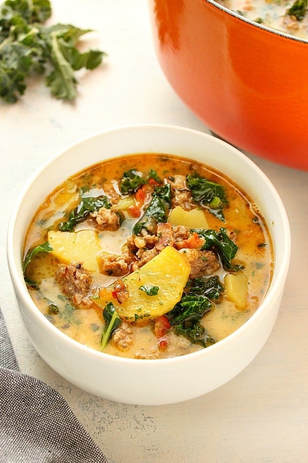 Zuppa Toscana in a white soup bowl.