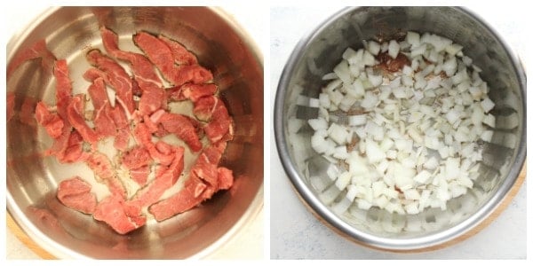 Step 1 and 2 of making beef and broccoli in the pressure cooker.