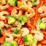 Shrimp stir fry in a pan.