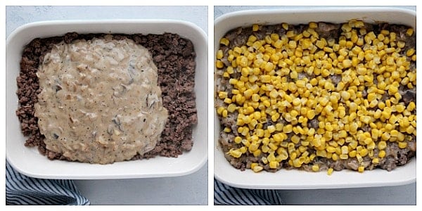 Layered sauce and corn.