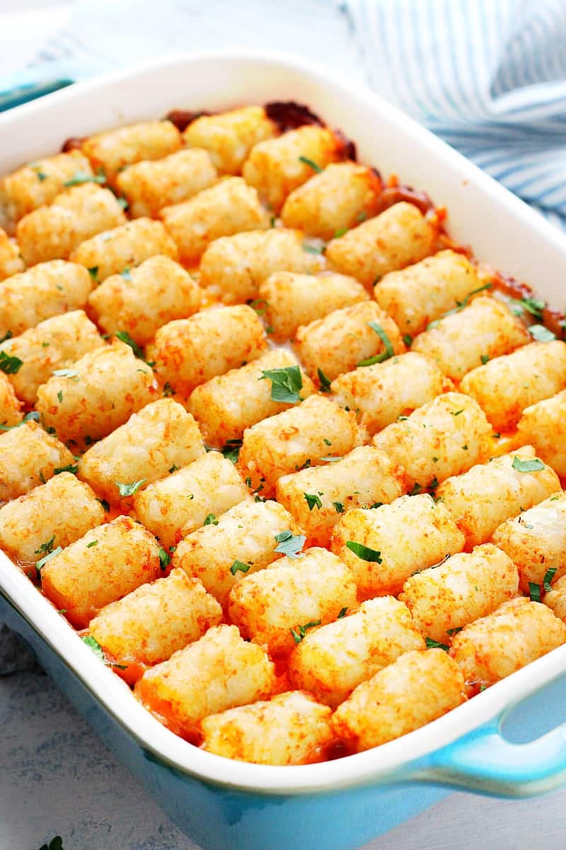 Tater tot casserole in baking dish.