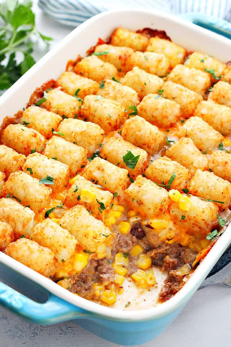 Side shot of tater tot casserole.