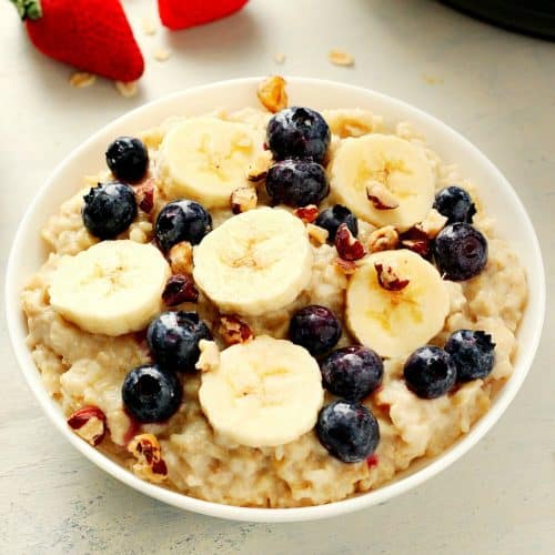 Instant Pot oatmeal in a white bowl.