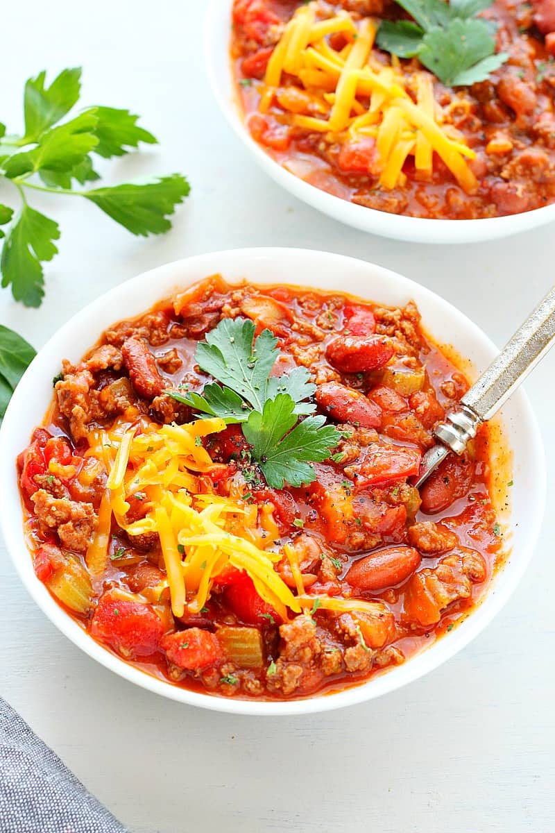 Wendy's Chili copycat recipe Wendy's chili in a white bowl.