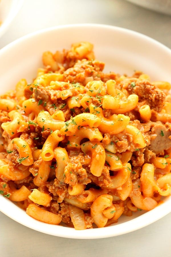 Macaroni pasta casserole in a white bowl.