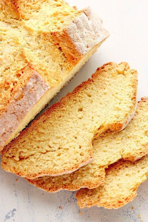 Overhead shot of bread with slices.