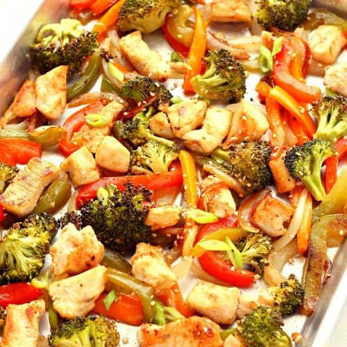 Chicken and vegetables on a pan.