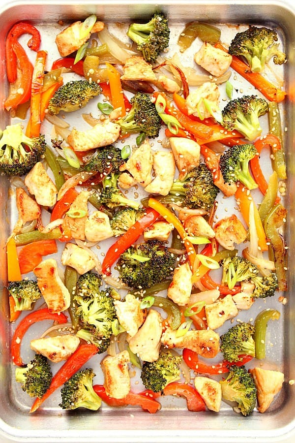 Baked chicken with veggies in a pan.